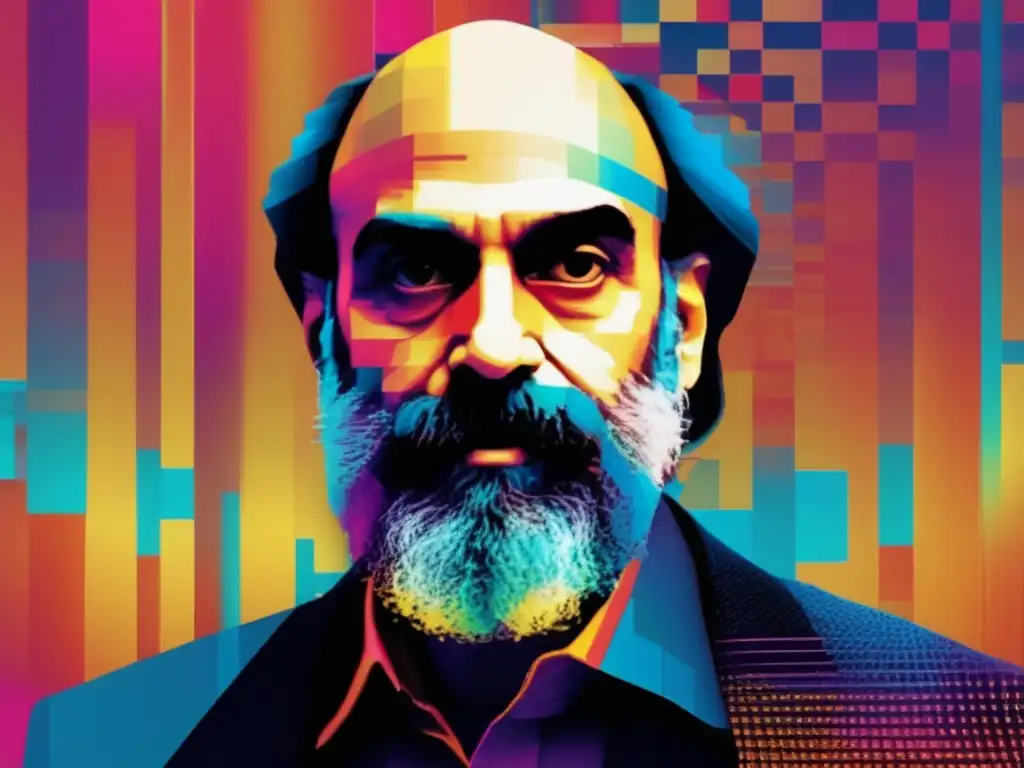 Retrato pixelado de Bruce Schneier, pensador crítico de ciberseguridad, con efectos glitch y colores intensos