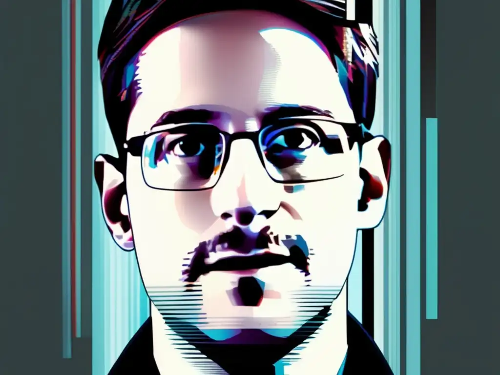 Revelaciones de vigilancia Edward Snowden: Imagen 8k con estilo Glitch Art que representa su impacto en la privacidad digital