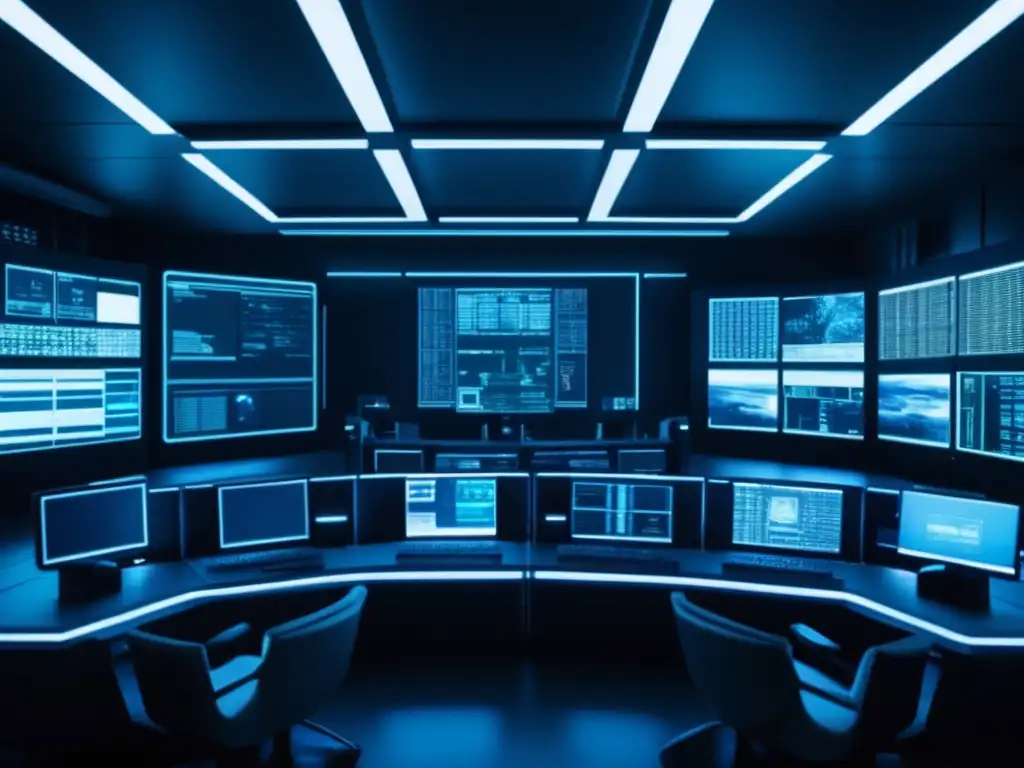 Sala de control futurista de ciberseguridad en guerra cibernética con expertos monitoreando pantallas y combatiendo amenazas