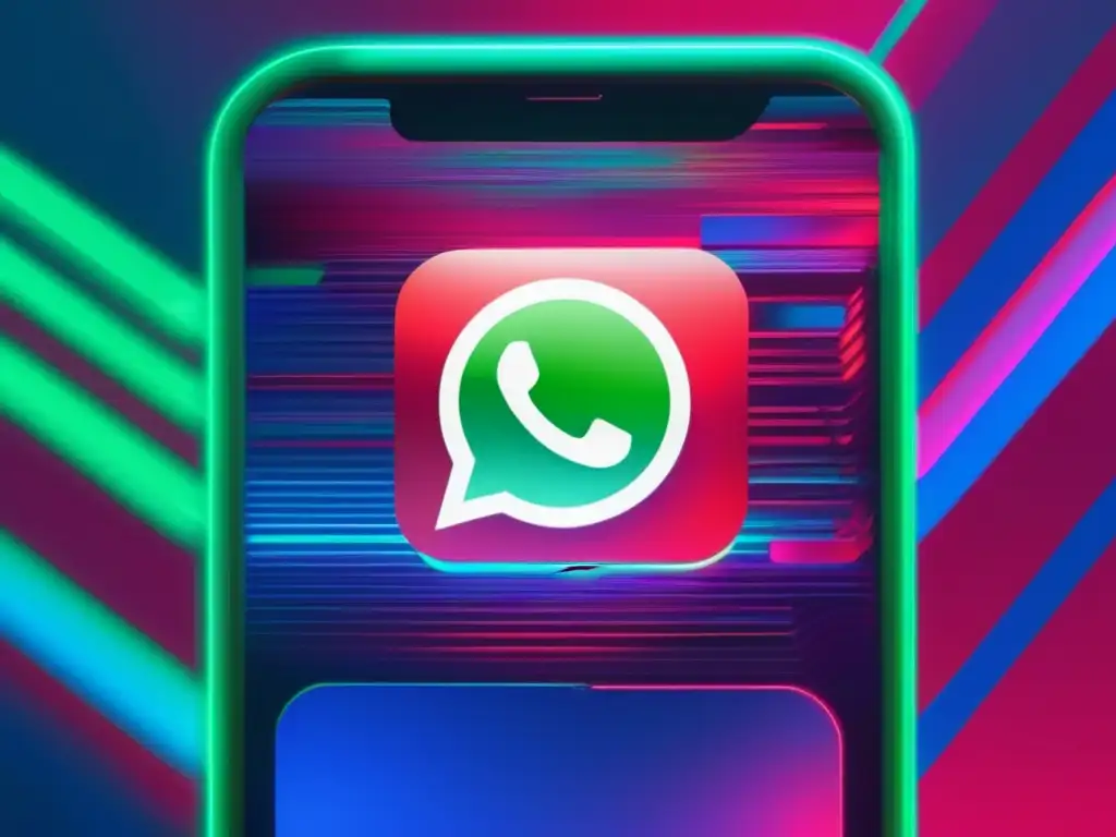 Señales de espionaje en WhatsApp: arte glitch impactante de pantalla de smartphone con colores vibrantes y fragmentación