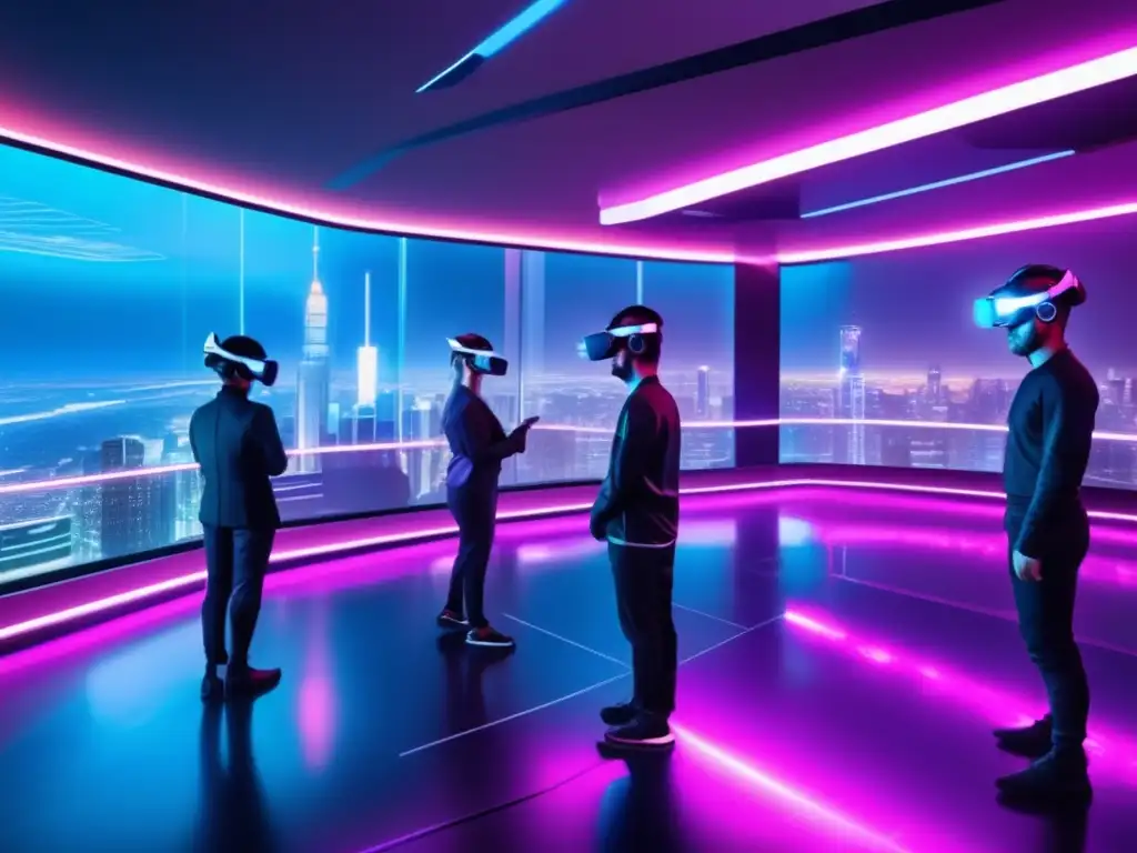 Simulaciones cibernéticas inmersivas: equipo de profesionales en una sala de entrenamiento de realidad virtual futurista