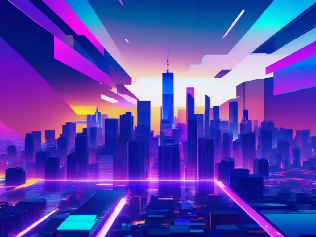 Simulacro de ciberataque: Ciudad glitch futurista Simulacros de Ataque: Preparación intensa para Organizaciones - Ciudad futurista, ciberataque simulado, profesionales colaborando
