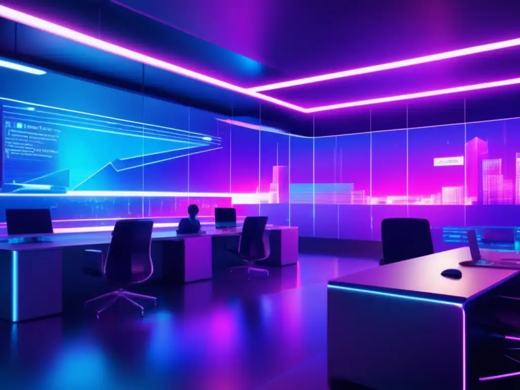 Oficina futurista con profesionales en ciberataque Simulacros de Ataque para Organizaciones en una oficina futurista con estética Glitch Art