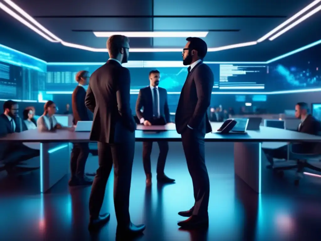 Simulación de ataque en oficina: Profesionales en acción Simulacros de Ataque para Organizaciones: Profesionales en acción en oficina futurista con glitch art y ambiente oscuro