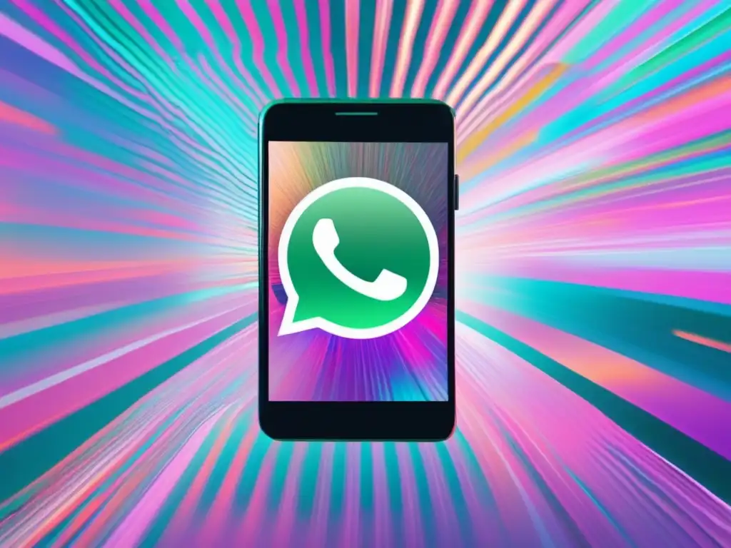 Smartphone con chats de WhatsApp glitched mostrando señales de espionaje