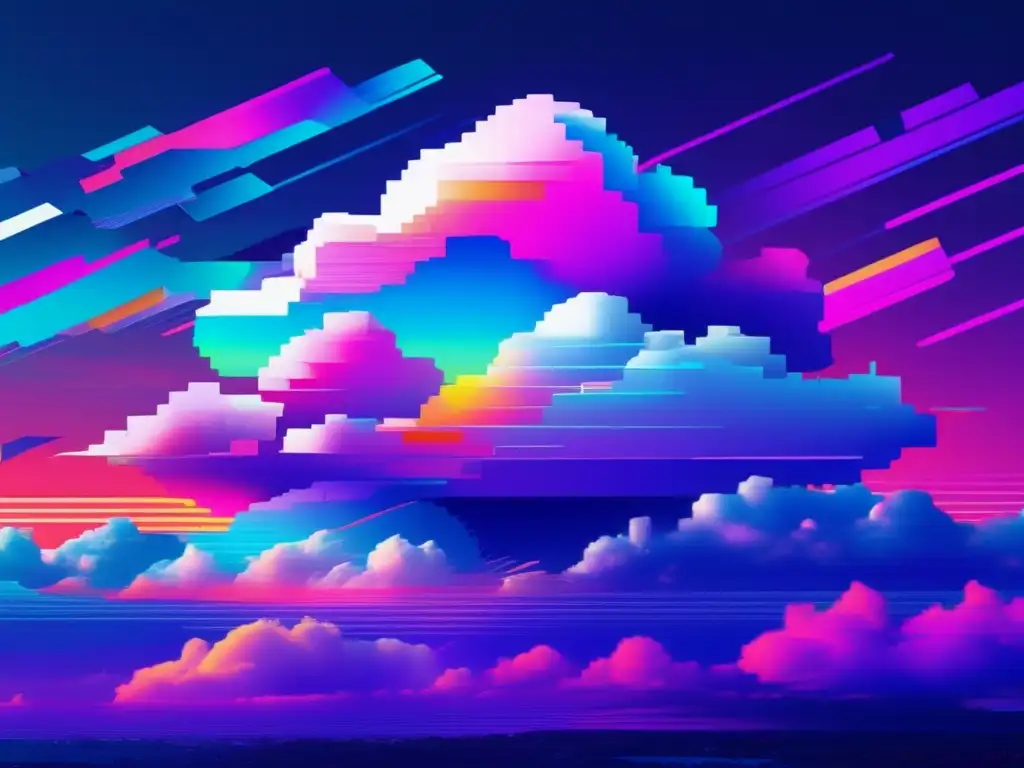 Soluciones análisis forense nube: Paisaje surrealista de nubes fragmentadas y distorsionadas con colores neón glitch