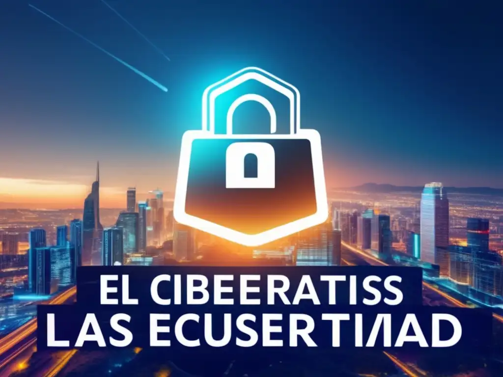 Startup ciberseguridad cuántica: paisaje glitch con circuitos y rascacielos