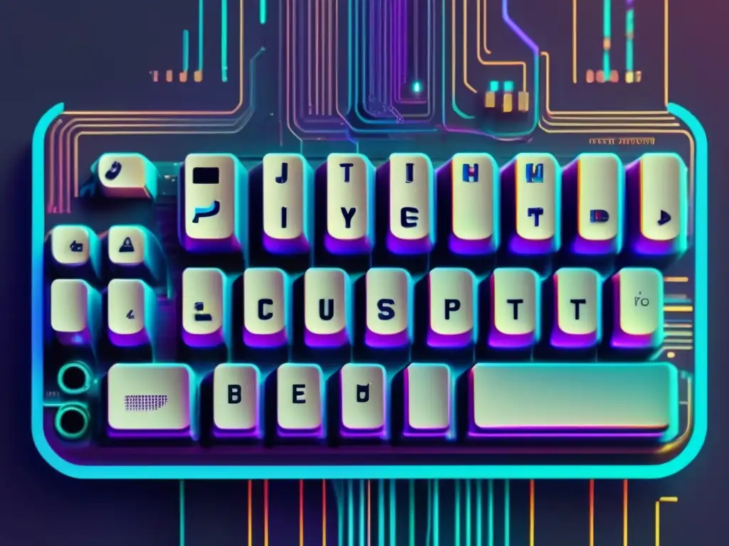 Teclado vintage con código glitch y circuitos digitales, evocando protección contra keyloggers