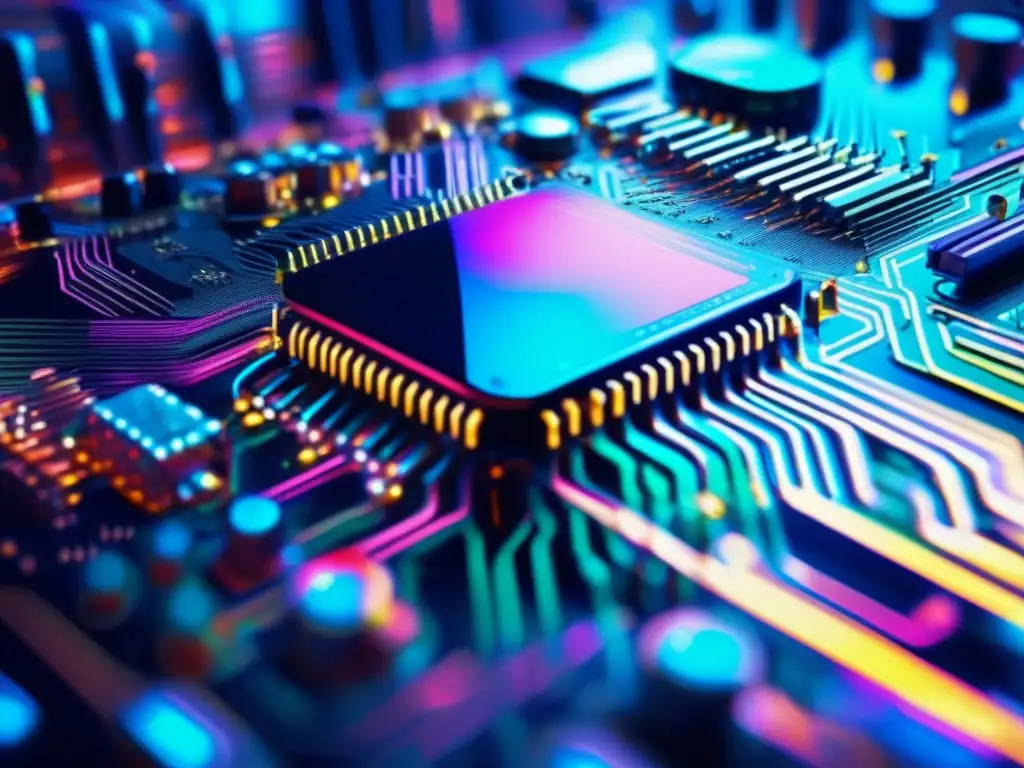 Técnicas forenses almacenamiento masivo en circuito glitch art con colores vibrantes y patrones distorsionados