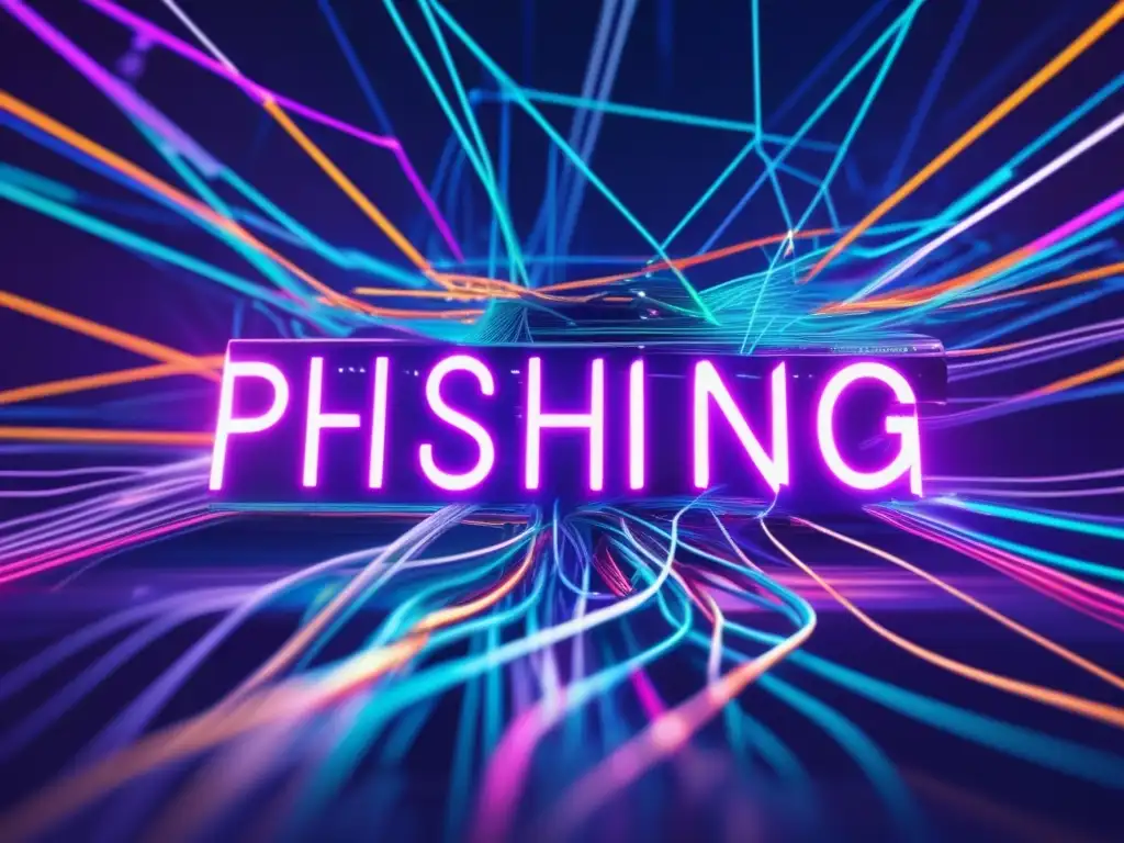 Técnicas forenses contra phishing: Imagen abstracta de cables digitales enredados con colores neon, simbolizando la complejidad de estafas online