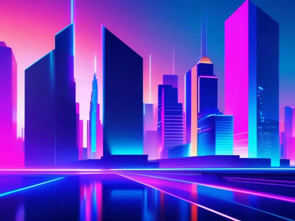 Ciudad futurista en distorsión digital Tecnologías emergentes en ciberseguridad: Futurista ciudad digital con rascacielos, luces neón y efecto glitch