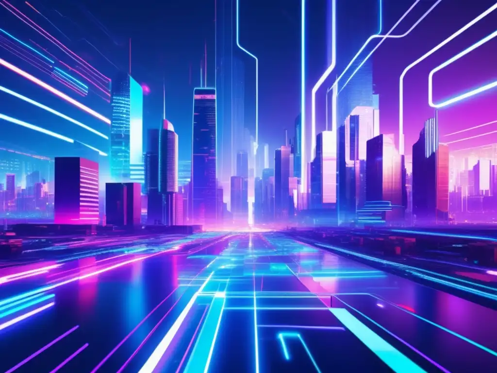 Ciudad futurista con glitch art y tecnologías emergentes Tecnologías emergentes ciberseguridad en un paisaje cyber futurista con rascacielos distorsionados y efecto glitch