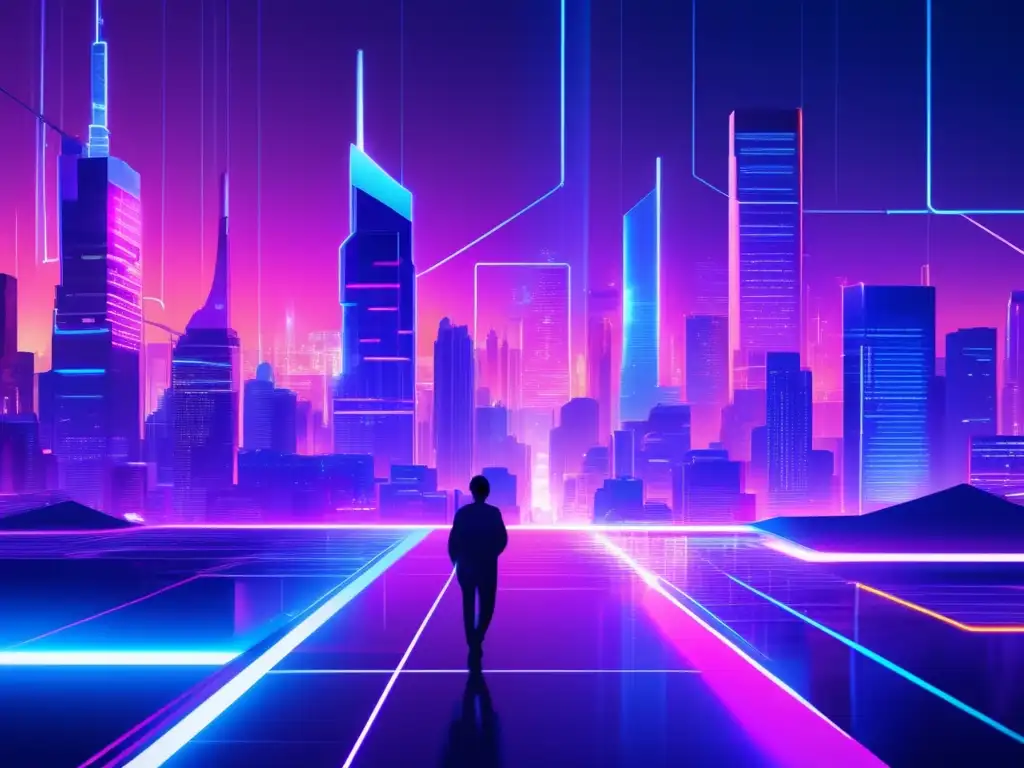 Tendencias ciberseguridad futuro conectado - Imagen de una ciudad futurista iluminada por luces de neón, con efecto de glitch