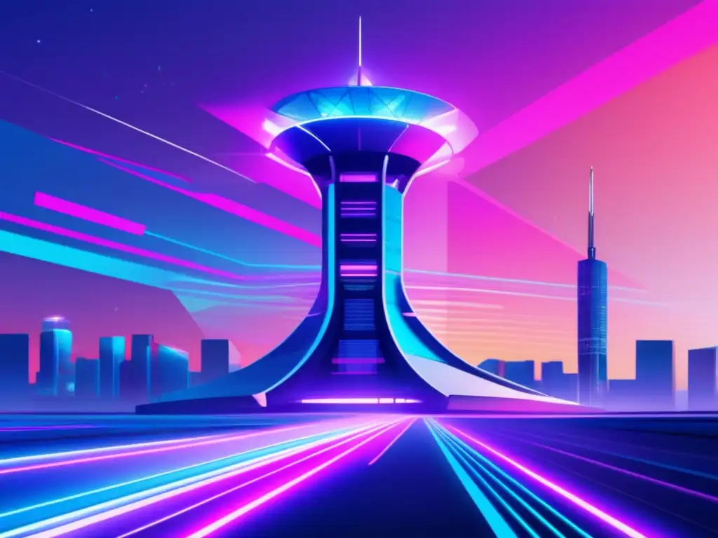 Torre control aéreo futurista con patrones geométricos y colores vibrantes, simbolizando la importancia frente a ciberataques