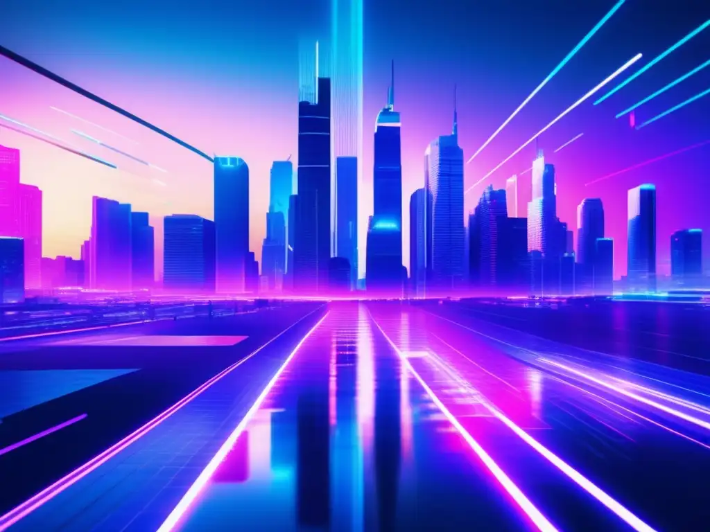 Ultradetalle de ciudad futurista con rascacielos, calles iluminadas y tecnología glitch