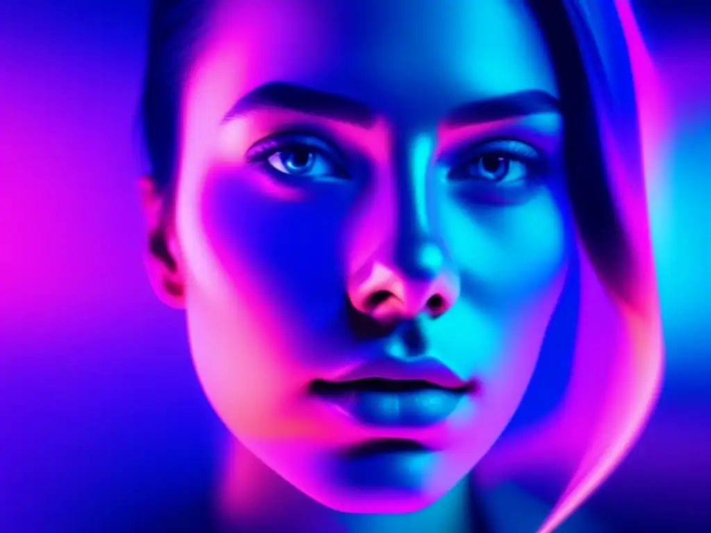 Ultradetalle rostro 8k con glitches digitales y distorsión, colores vibrantes y efecto futurista