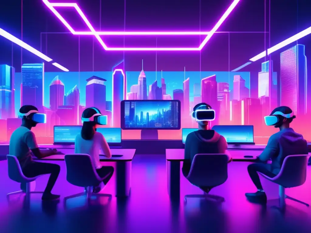 Ilustración de aula virtual futurista de ciberseguridad a distancia: estudiantes con VR y algoritmos de seguridad