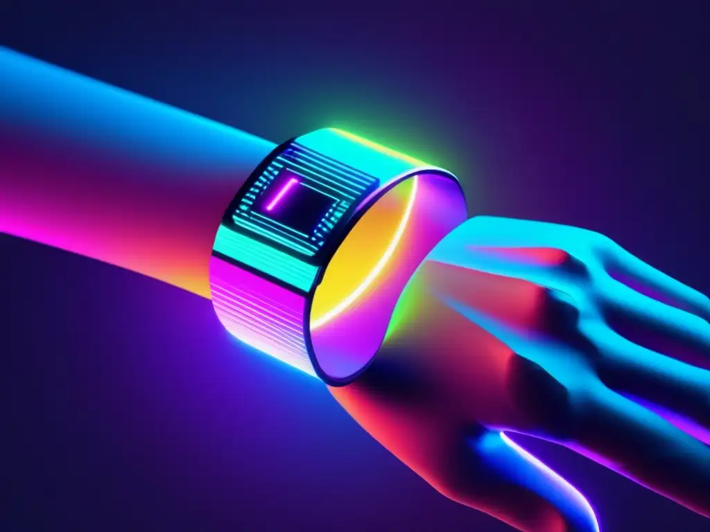 Futuro dispositivo wearable holográfico - Wearable futurista protegido ante amenazas, con vibrantes colores neón y holografía digital