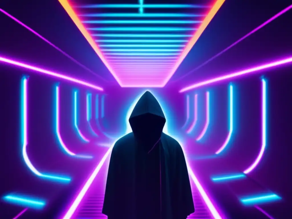 Túnel subterráneo misterioso y oscuro con luces de neón Guía segura para explorar la Deep Web en un túnel misterioso con efectos glitch y el logo de Tor